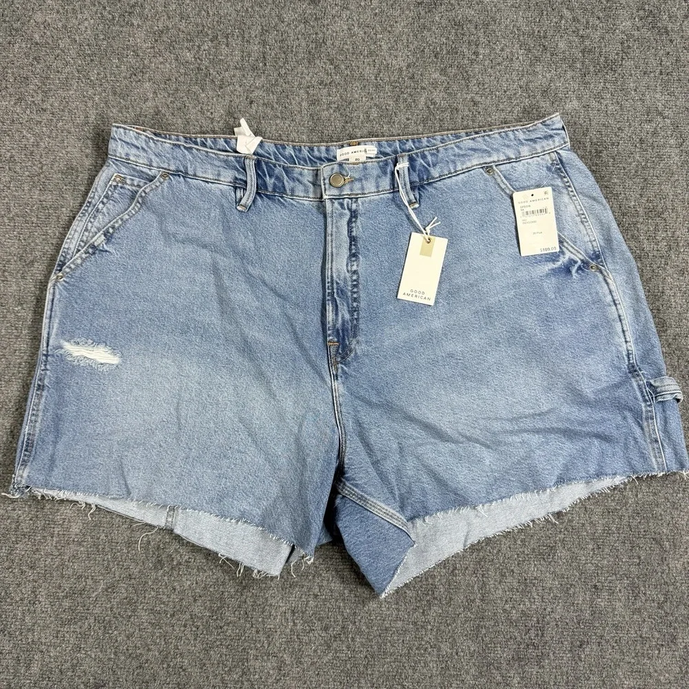 Good American Denim Long Shorts Womens 20 Blue Carpenter Raw Hem NEW